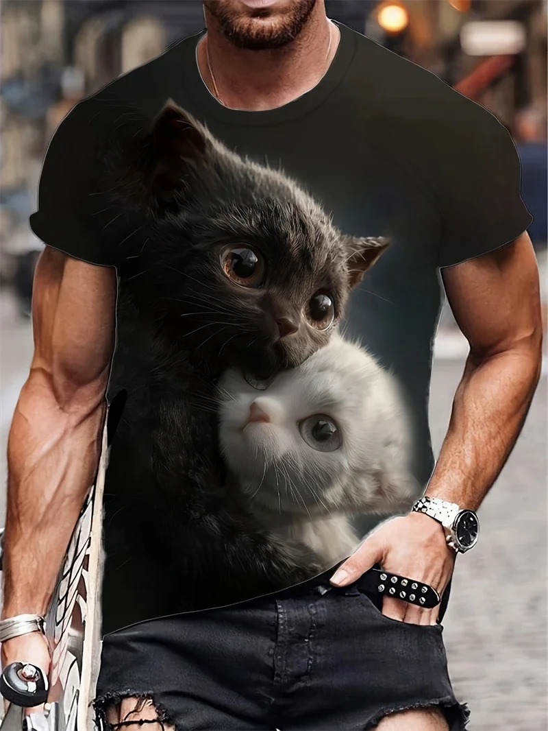 Herren-T-Shirt mit niedlichem schwarz-weißem Kätzchen-Print, lässig, Rundhalsausschnitt, kurze Ärmel, Tier-Grafik-Oberteil