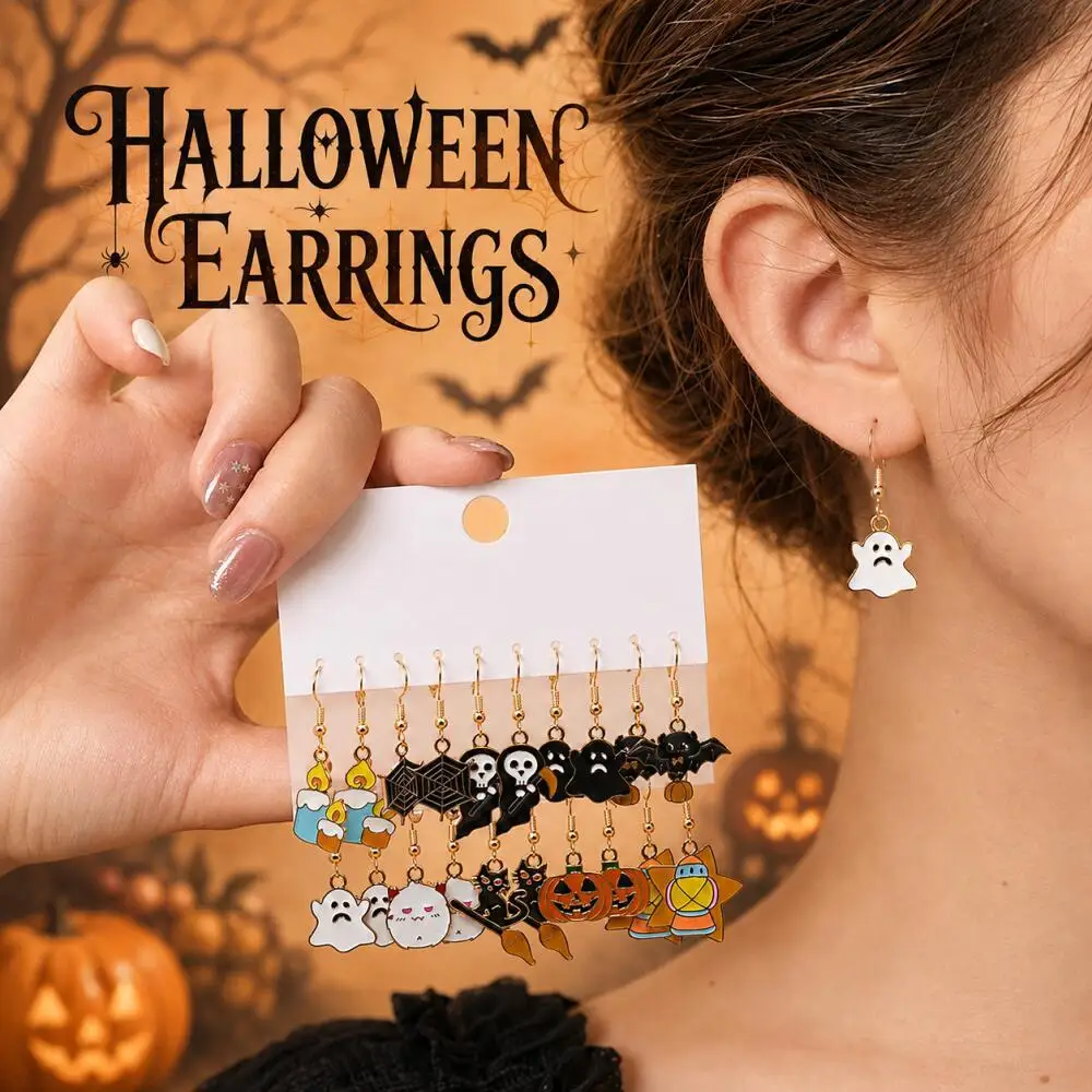 10Pairs Women Halloween Enamel Dangle Earrings Witch Hat Bat Ghost Skull Spider Web Candle Mummy Cosplay Party Jewelry Gift