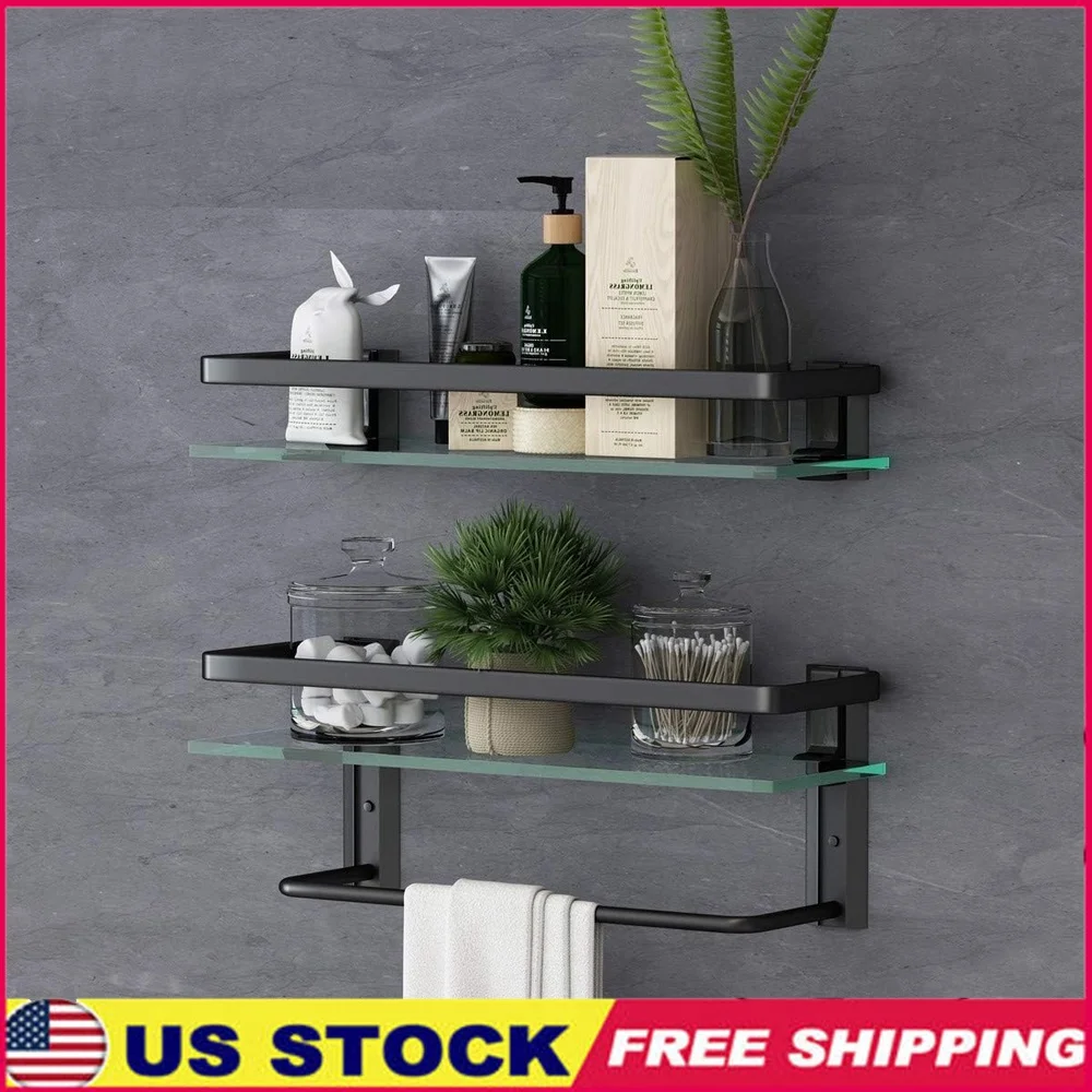 

2-уровневая стеклянная полка для ванной комнаты с вешалкой для полотенец, нержавеющий металлический настенный органайзер, простая установка, плавающее хранилище для кухни и ванны