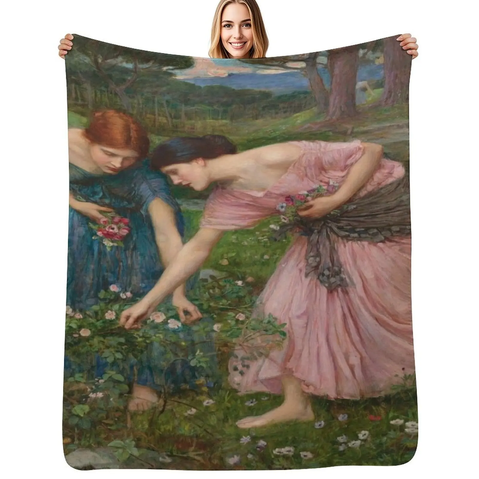 John William Waterhouse - Gather Ye Rosebuds Throw Blanket Luxury halloween Luxury Brand Retros valentine gift ideas Blankets