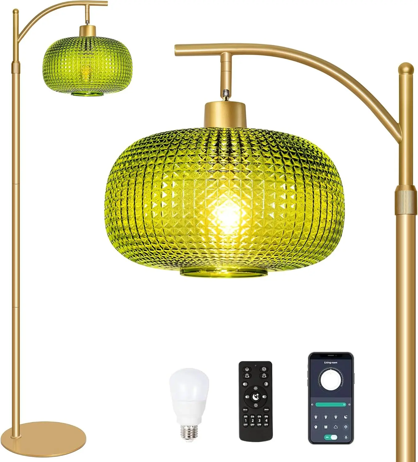 Modern Floor Lamp, Mid Century Tall Standing Lamp Green Glass Lamp Shade, Dimmable Gold Tall Pole Lamp with Remote, 1 x 12W LED Edison Bulbs Included