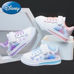 Disney Girls White PU Leather Shoes Cartoon Princess Elsa Frozen Sneakers Baby Waterproof Sports Shoes Size 26-37