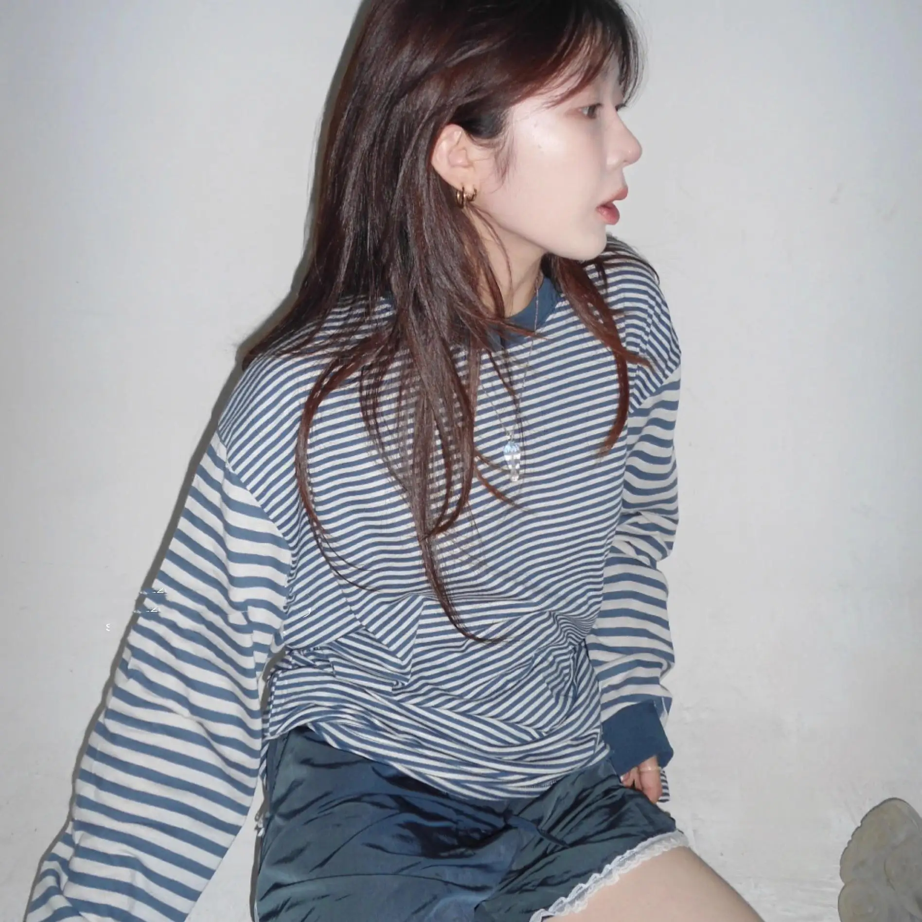 

Loose Long Sve Women's T-irt Classic Navy Sailor Stripes Chic Lazy Korean Sle Street Faion Autumn round Ne Top