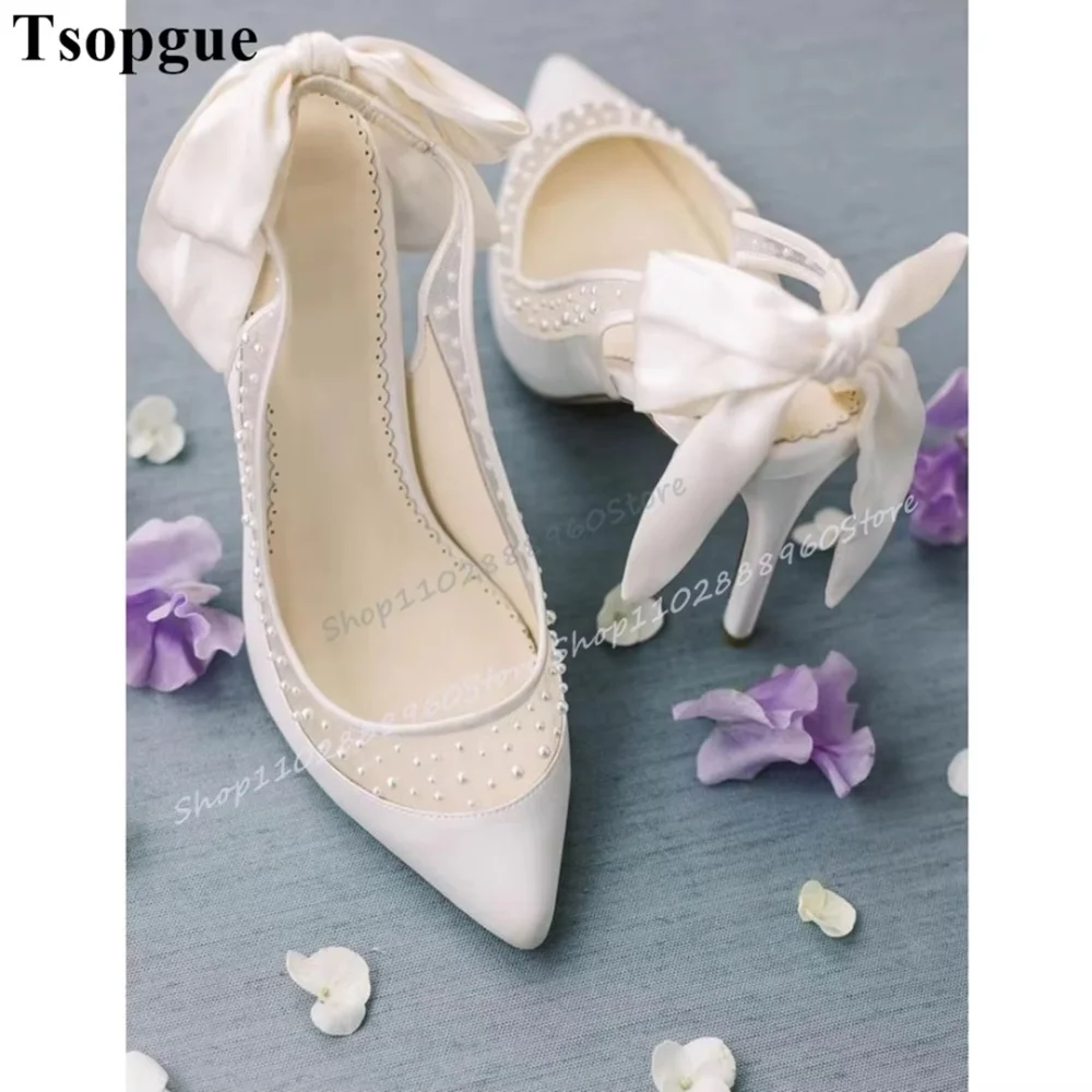 

White Air Mesh Splicing Knot Slingback Pumps Stilettos High Heel Shoes For Women Slip On Pointed Toe Elegant Wedding Women Pumps