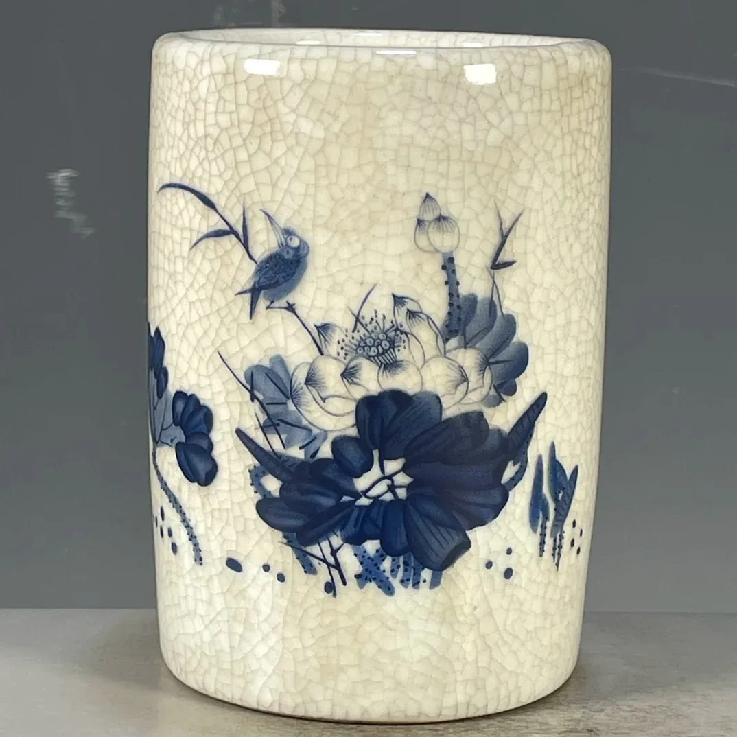 Blue and White Crackle Porcelain Brush Pot Flower Bird Pattern Ceramic Pen Holder Vintage Desk Decor Craft