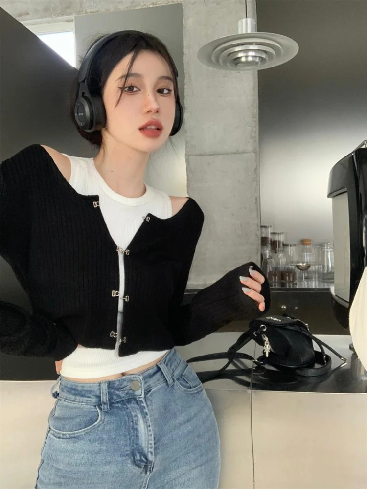 Y2K Women Knitted Cropped Cardigan + Sleevelees Tank Tops 2ps Korean Style Chic Casual Two Pieces Sets Cardigan Streetwear Tees