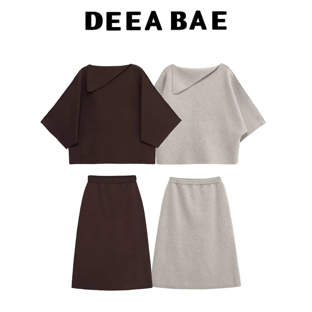 DEEABAE Europäischer und amerikanischer Stil 2025, neues Produkt für Damen, lockerer Strickpullover mit Klappenkragen und mittlerer Taille, Rock-Set