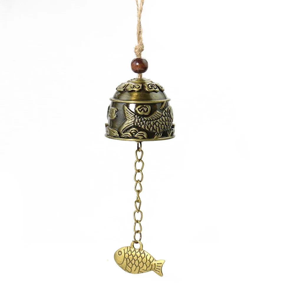 Colgante de borla de campana de pez doble, carpa Koi, Retro, bronce, Metal, carillón de viento, suerte, riqueza, mascota, coche, jardín, decoración colgante, 22cm