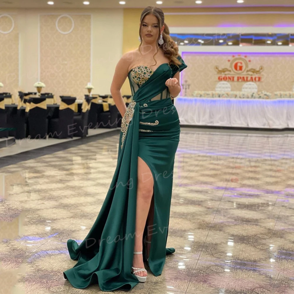 Vestidos de Noche clásicos de sirena verde para mujer, vestidos de fiesta con apliques de un hombro con cuentas, abertura lateral Sexy