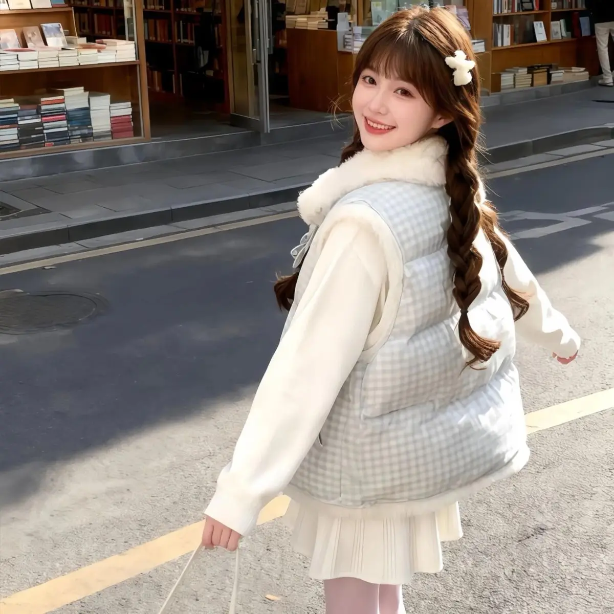 Kimutomo 2026 Winter New Japanese Gentle Sweet Reversible Sleeveless Cotton Vest Women Layering Furry Cardigan Waistcoat