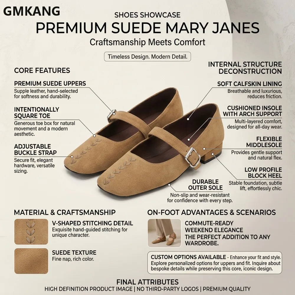 Spring Mary Jane Shoes Women Square Toe Suede Leather Buckle Strap Flats Daily Lightweight Comfort Walking Shoes GMKANG