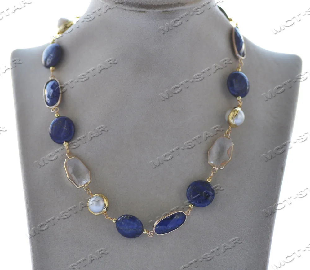 

MCT·STAR Z12406 18" 16mm Blue Coin Lapis Lazuli White Pearl Clean Crystal Necklace