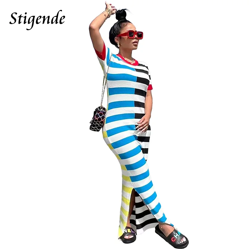 

Stigende Patchwork Striped Long Dress Women Short Sleeve Slim Double Slit Dress