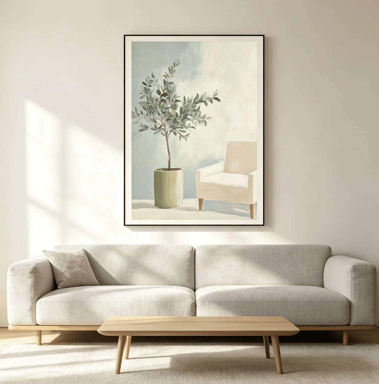 Boho Minimalist Olive Plant Chair Wall Art Canvas Prints Decor, Gentle Green Interior Poster for Farmhouse Bedroom Home