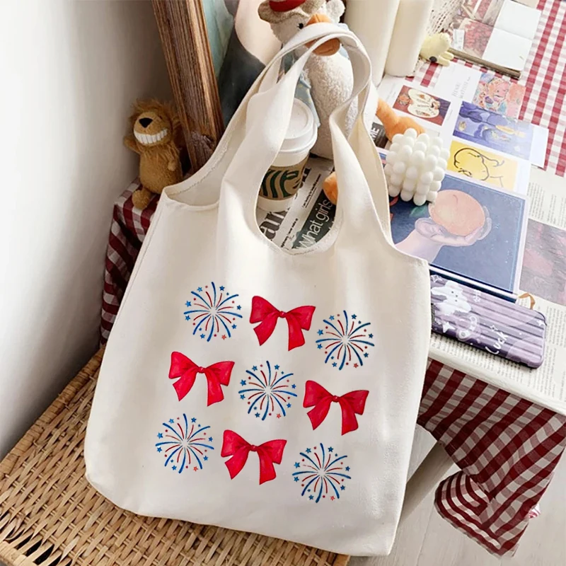 Bow Fireworks Print Canvas Bag Organizer Eco Friendly Reusable Shopping Bag New Large Capacity Portable Travel Storage Tote Bags