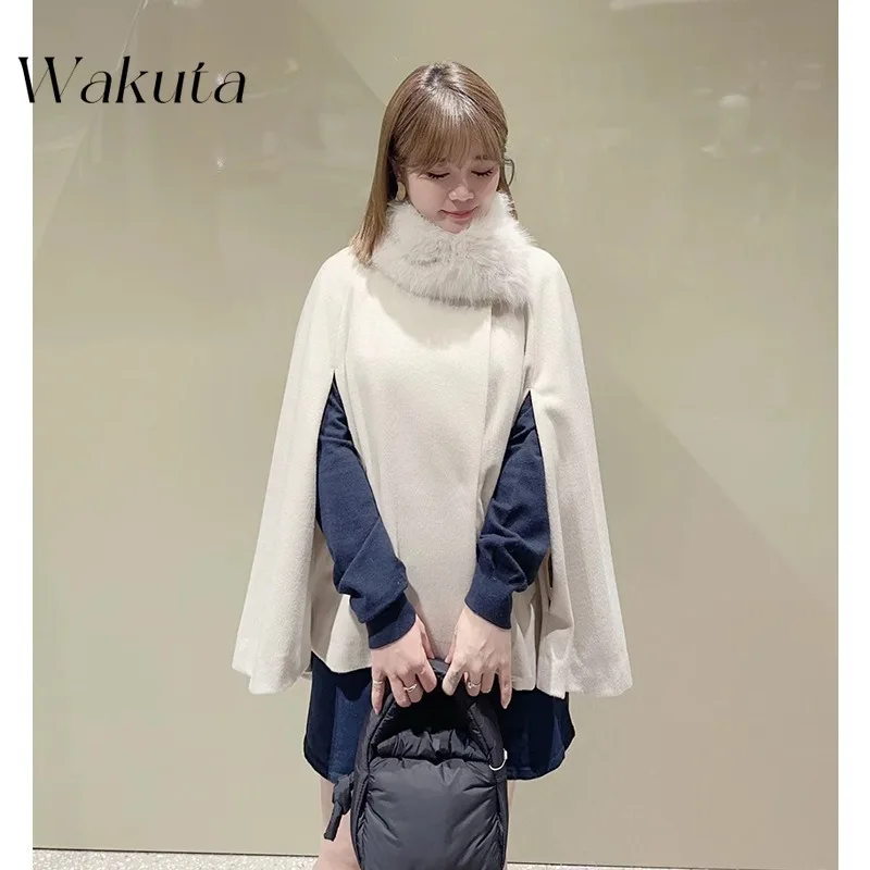 WAKUTA Japanese Retro Hair Collar Long-sleeved Tweed Cape Coat Fall/Winter Sweet Loose Solid Christmas Tweed Wool Польто Женское