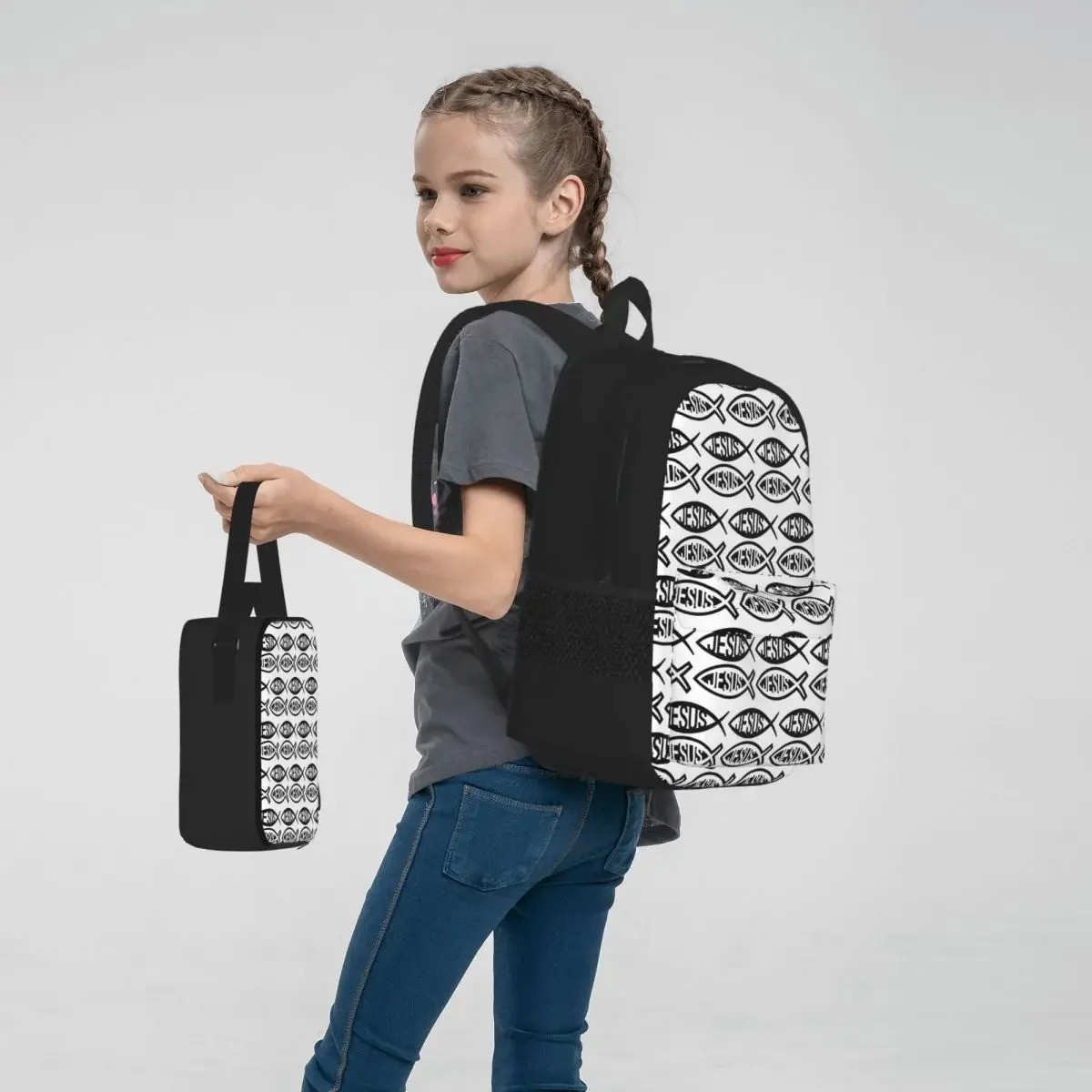 Sacs à dos de poisson de Jésus catholique, cartable pour garçons et filles, sacs d'école pour enfants, sac à dos de dessin animé pour enfants, sac à déjeuner, sac à stylo, ensemble de 3 pièces