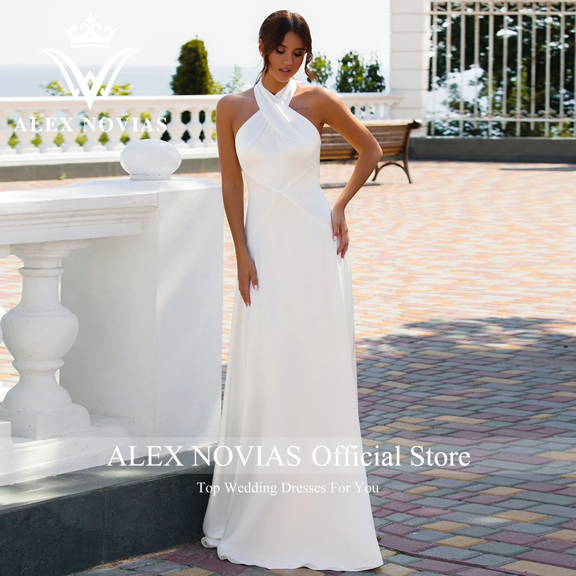 ALEX NOVIAS-vestido De boda De alta calidad, vestido De satén drapeado con cuello redondo y Espalda descubierta, 2023