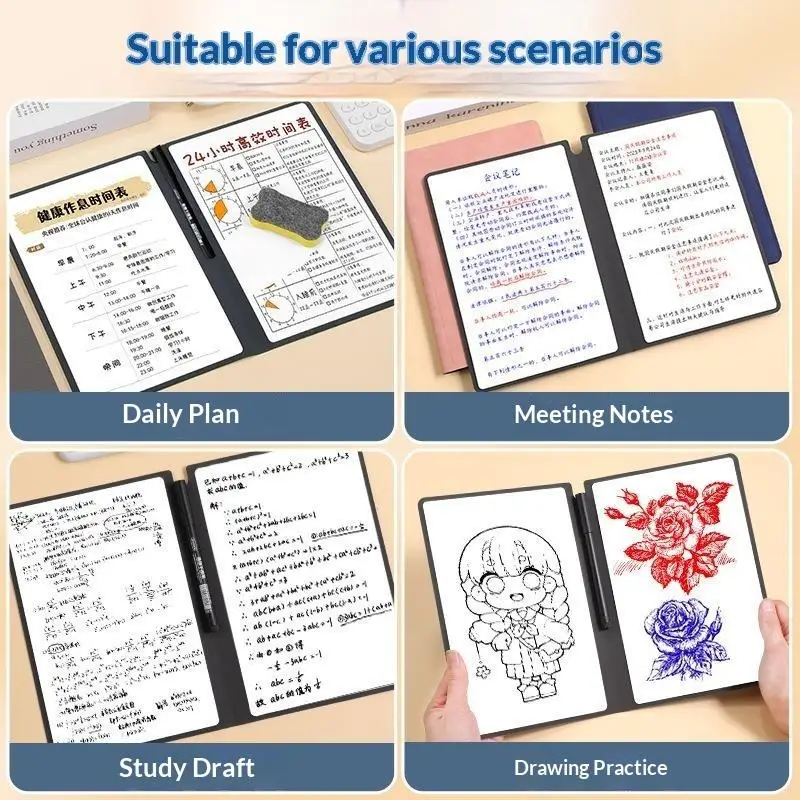 A5 Reusable Whiteboard Notebook Set With Whiteboard Pen Erasing Cloth Leather Memo Pad Weekly Planner Portable Stylish Office