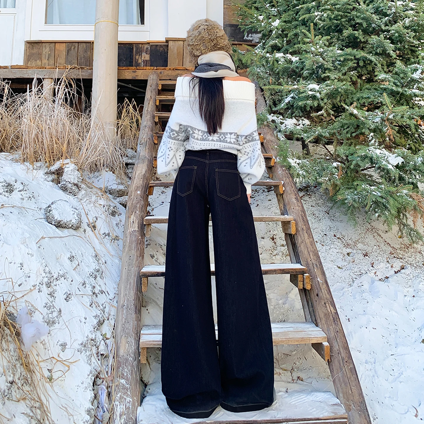 Damskie spodnie Y2K z wysokim stanem, szerokimi nogawkami, ocieplane polarem, wygodne, codzienne spodnie typu drag dla jesienno-zimowej odzieży ulicznej.