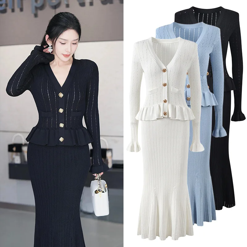 ZJYT Elegant V Neck Ruffles One Piece Knitting Sweater Dresses for Women Autumn 2024 Flare Sleeve Trumpet Evening Party Dress