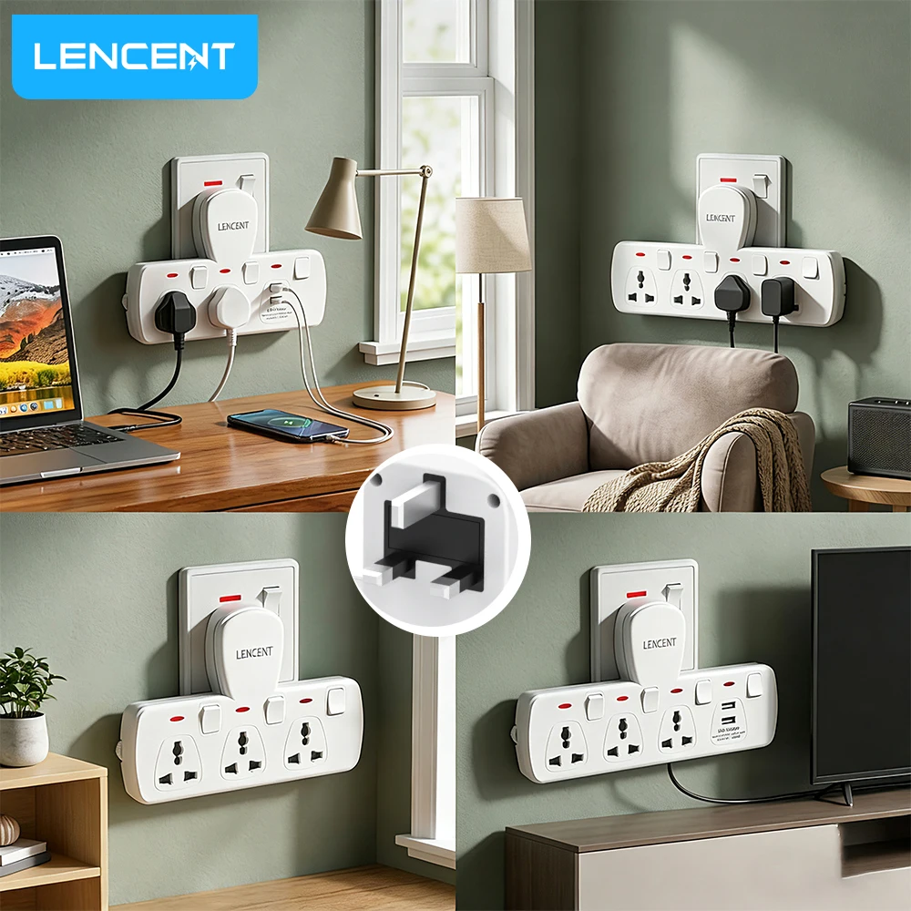 LENCENT UK Plug Wall Socket Extender with AC Outlet USB Ports Multi Plug Extension Socket Adapter with Switch for Home Office