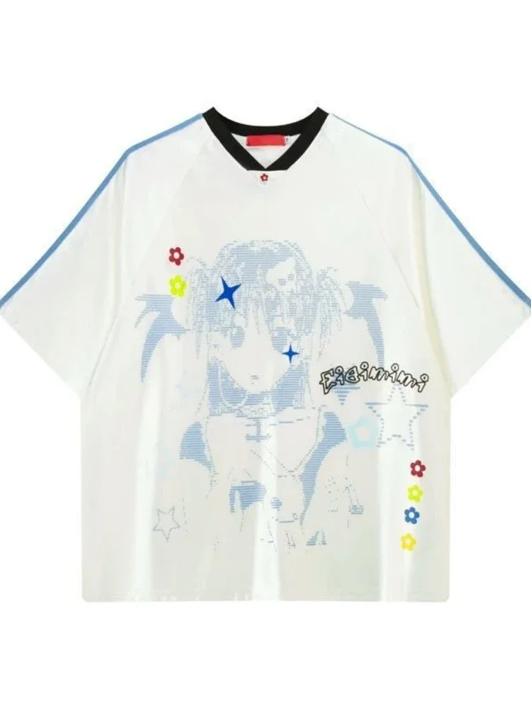 الصيف اليابانية القوطية أنيمي الكرتون طباعة تي شيرت تقليدي المرقعة الشارع الشهير القمم Harajuku انخفاض الكتف بلايز فضفاضة غير رسمية