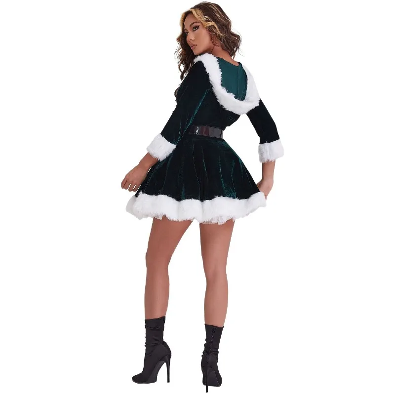 Christmas Dress Women's Sexy V-Neck Hooded Santa Costume Role Play Party Outfit Festive Performance Stage Gown  with Waist Tie