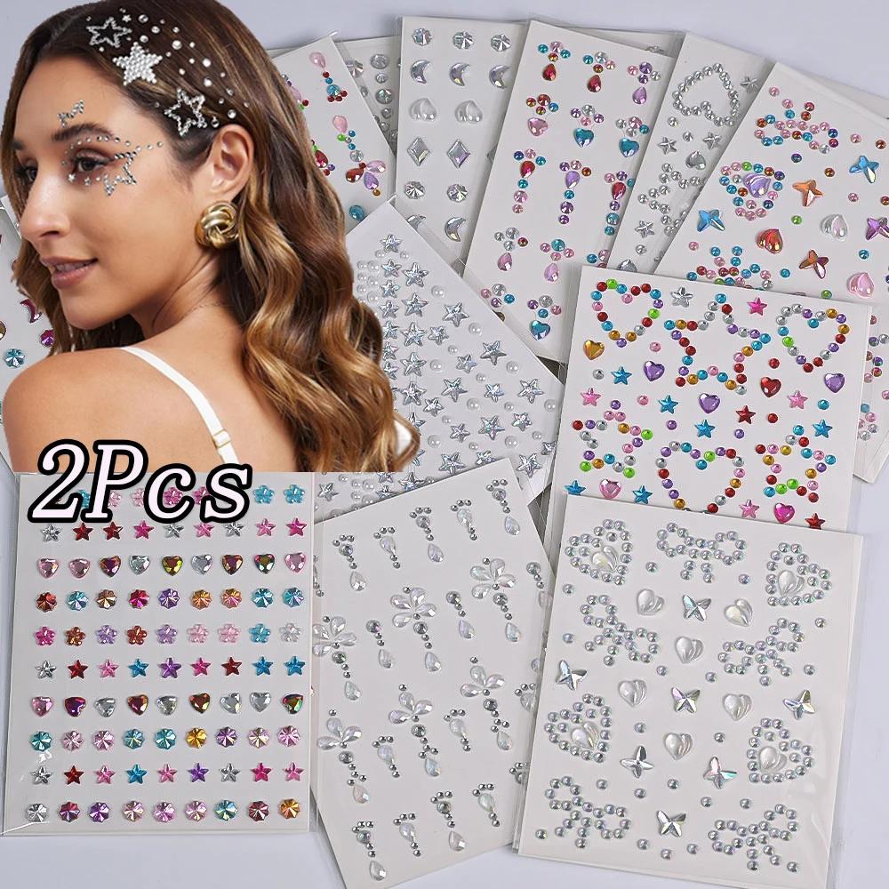 

2Pcs/Lot 3D Sparkling Rhinestone Face Sticker Crystal Diamond Face Gems Tattoo Sticker Makeup Carnival Party Eye Face Decoration