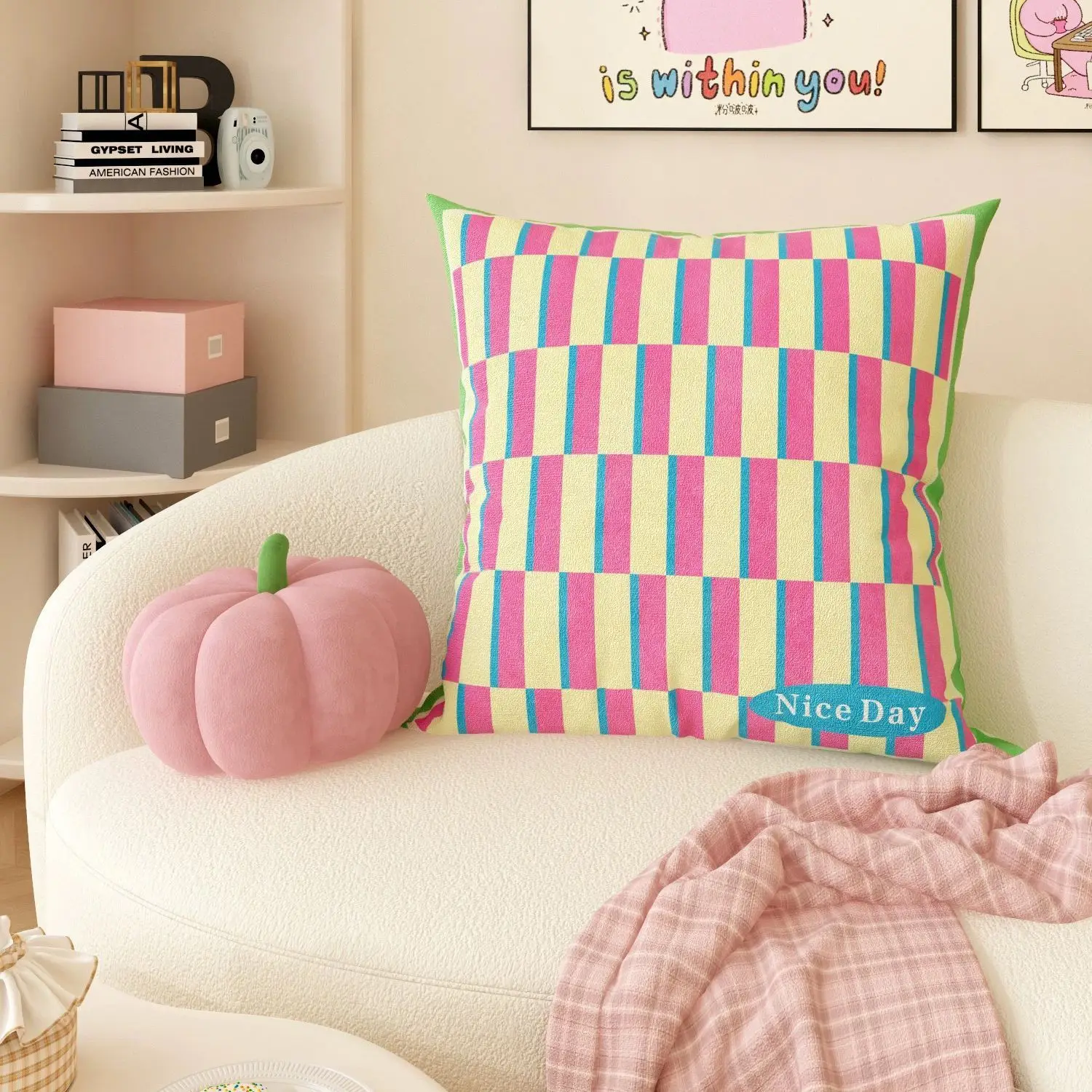 Cartoon Dopamine Pink Love Children's Bedroom Pillow Living Room Sofa Plush Pillowcsae Cushion Removable and Washable