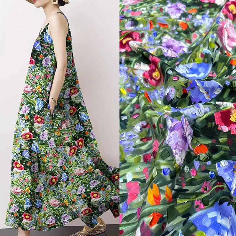 

Зеленая мягкая тонкая шелковая ткань крепдешин с цветочным принтом, эластичная шелковая ткань для шитья своими руками, летнее платье, брюки, пижамы R2584