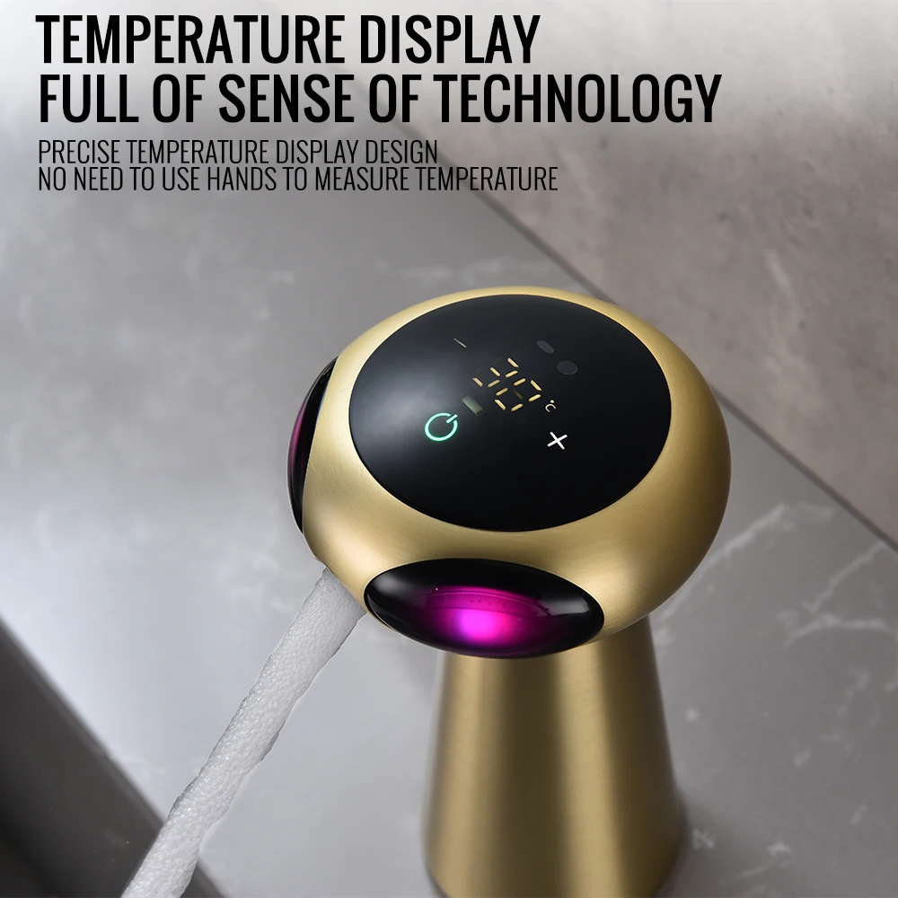 Bathroom Faucet Touch Sensor Brushed Gold Voice Control Sensor Sink Faucet LED Light Hot And Cold Tap