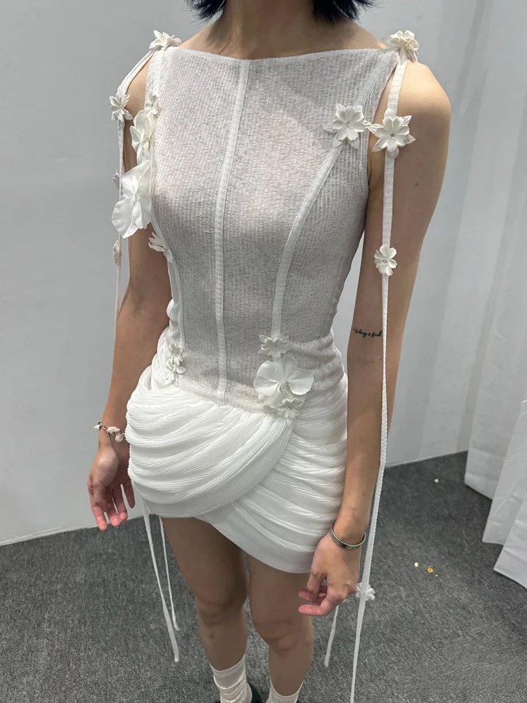 

Сетчатое платье с белыми цветами, темпераментное модное вязаное тонкое женское платье на бедрах, новинка лета 2025 г.