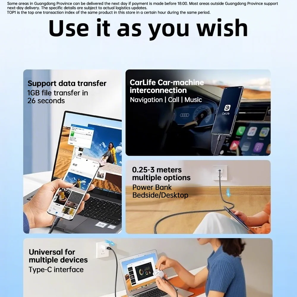 DIVI 100W USB C Cable 6A Super Fast Charging Cable Data Cord For iPhone 17 16 Samsung Xiaomi Huawei Oppo Vivo Carplay - náhled 6