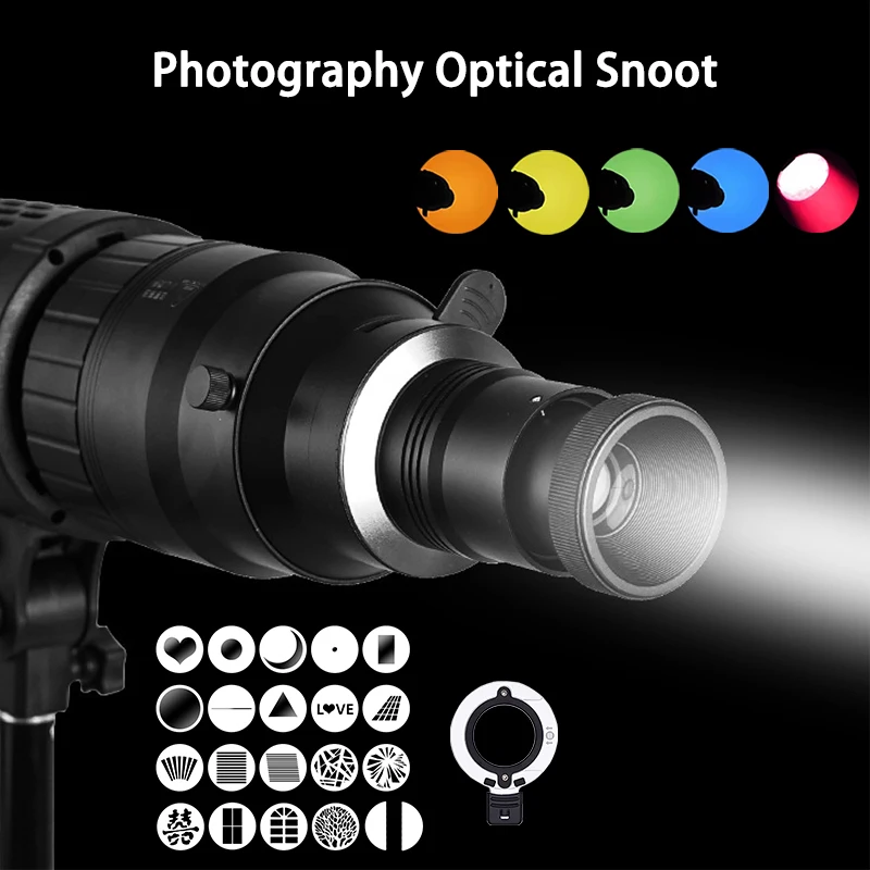 

Focusable Photography Optical Snoot With 5 Color Gels 20 Gobos for Photo Studio Accessories