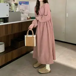 Autumn/Winter New Fashion Long Sleeved Round Neck Corduroy Solid Color Slim Fit Dress For Women,2 Colors