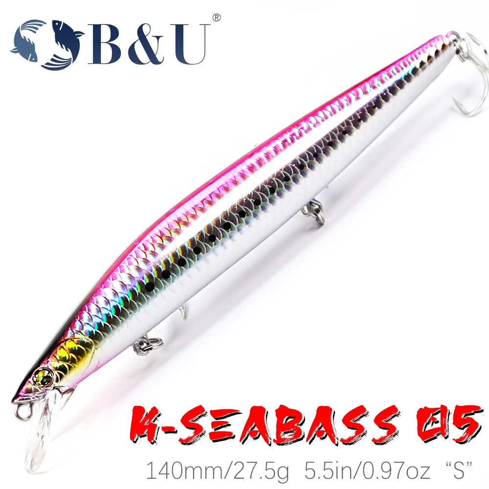 

B&U-Long Casting System Sinking Minnow Fishing Lure, Saltwater Hard Baits, Seabass Tuna, 140mm, 27.5g