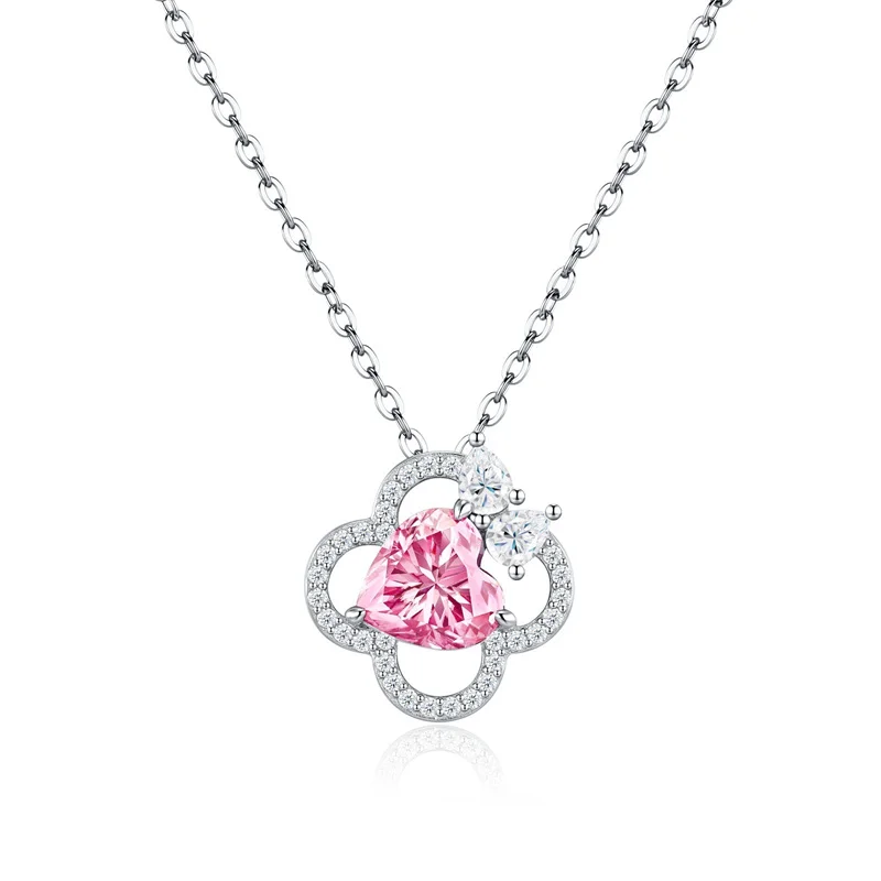 ZFSILVER Fashion Luxury Classic 925 Silver Moissanite Pink Heart Clover Necklace For Charm Women Accessories Jewelry Gift P18136