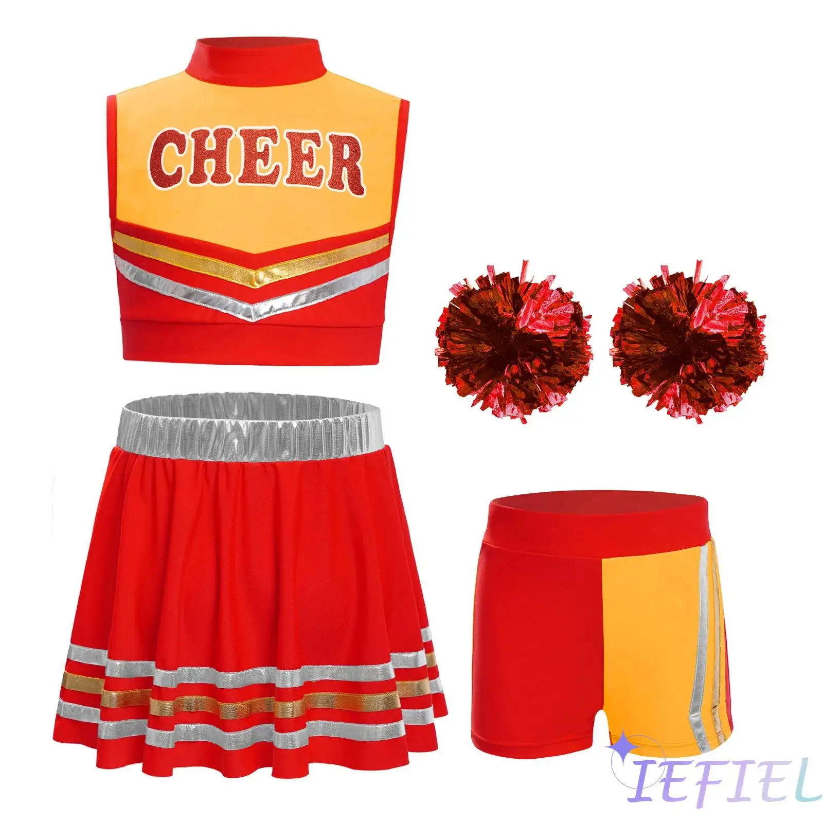 

Kids Girls Stylish Cheer Squad Dance Uniform 4 Pieces Professional Cheerleading Outfit Set for Team Events And Performances