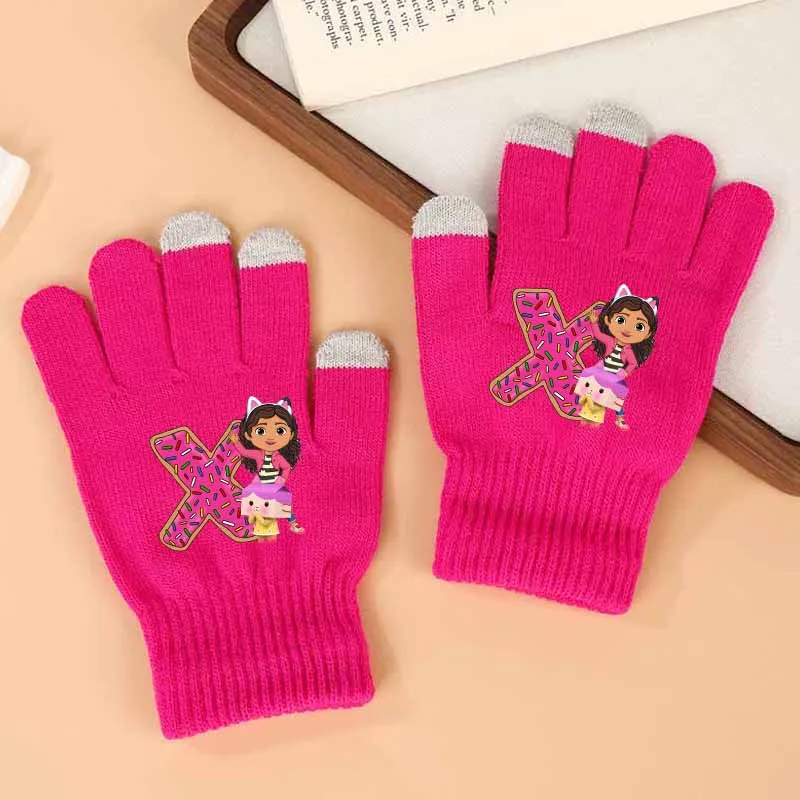

Детские вязаные перчатки Gabby Dollhouse, розово-красные, милые мультяшные перчатки для девочек, теплые детские перчатки для улицы, осенне-зимние варежки