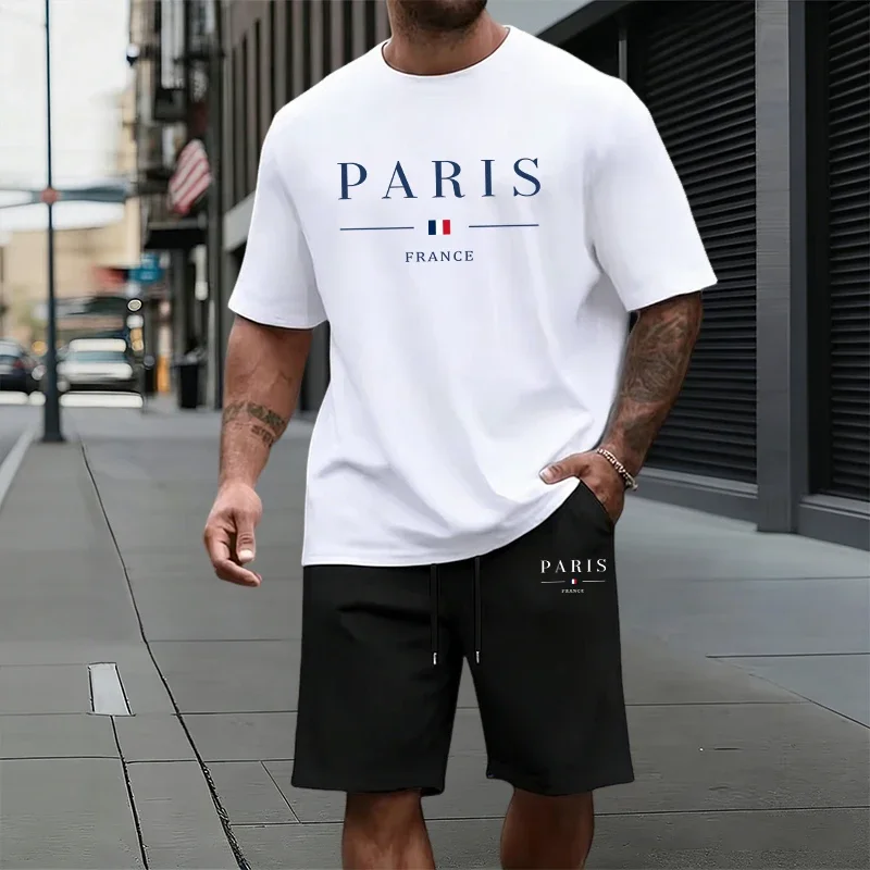 

Summer Urban Fashion Short Sleeve Cool Outfits Home Outdoor 2026 Paris Printed Men's Set O-neck Cotton T-shirt and Casual Shorts