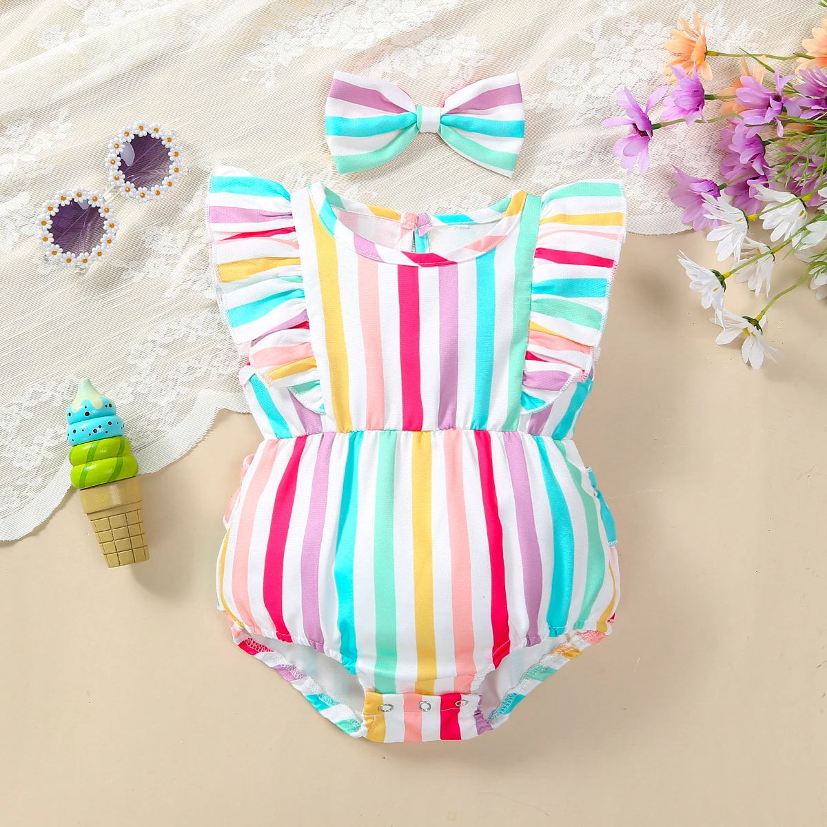 

Baby girl baby casual cute ruffled lace colorful striped full printed triangle jumpsuit suitable for beach vacation in summer