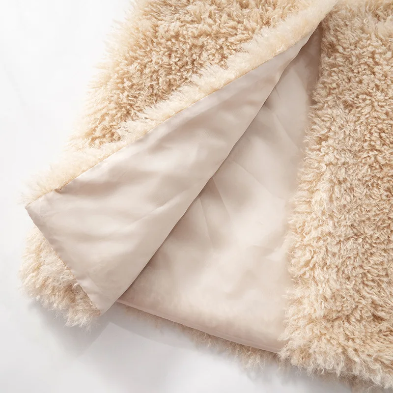 Bruine pluche jas met O-hals, imitatie lamsvesten, effen harige jas, pluizig, mouwloos, warm, dik, luxe, elegant, nepbontvesten, casual