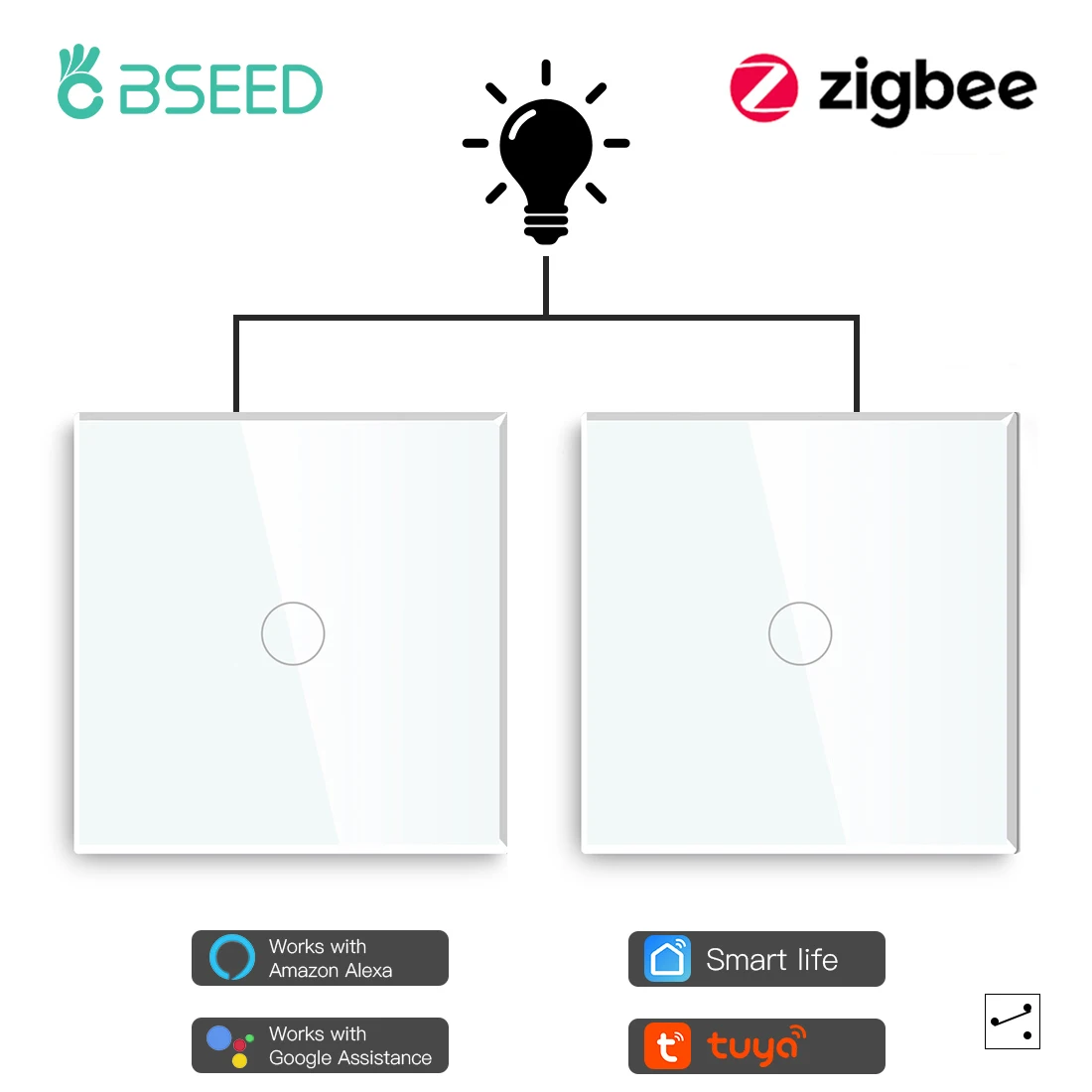 

BSEED Zigbee 1Gang 2Way Touch Switches Wireless Smart Light Switch For Stairs No Neutral Smart Life Google Alexa Voice Control