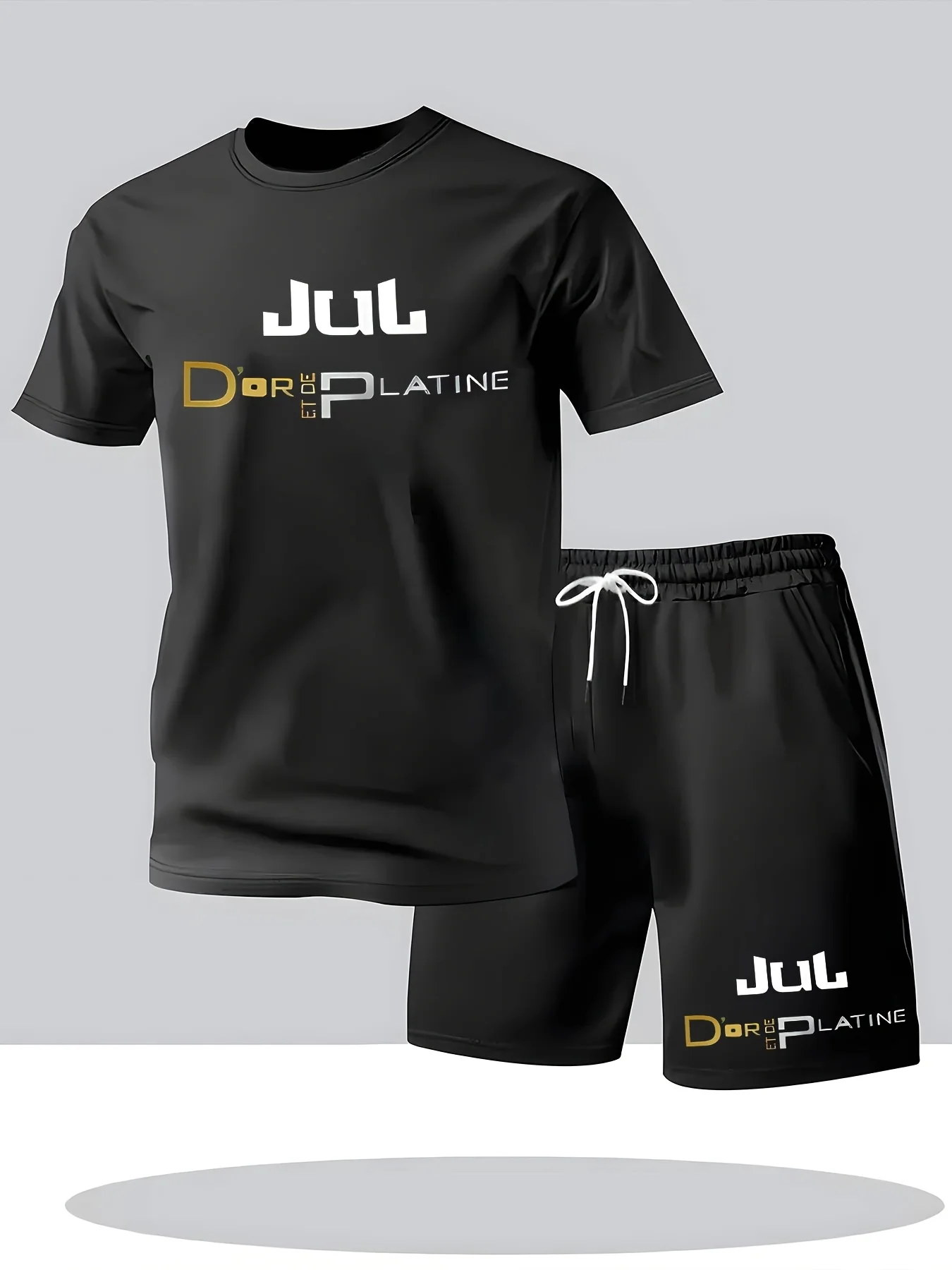 

Summer New Print Men'S Sports Casual Outing Short Sleeve Shorts 2pcs Set, Perfect for Outdoor