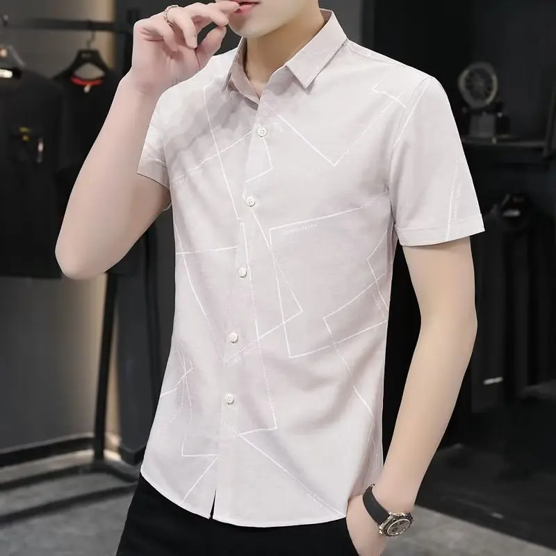 

Summer Short Sleeve Shirt Men's Casual Versatile Simple Half Sleeve Collared Shirt Handsome Striped Slim Fit Youthful Shirt