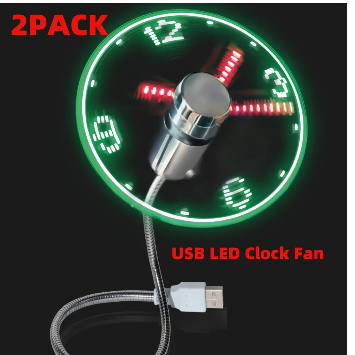 2Pack USB LED Clock Fan, Mobile USB Real Fan Time Display 90mm USB-Powered, Mini USB Fan Programmable Edit LED Display Fan, Port