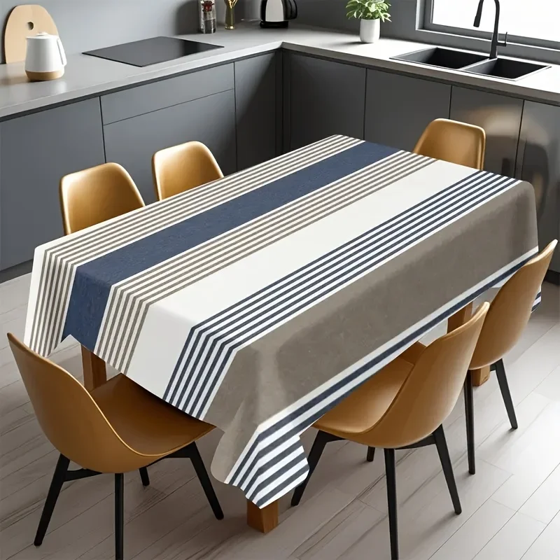 1 rectangular tablecloth in navy blue with white stripes - suitable for indoor and outdoor dining tables