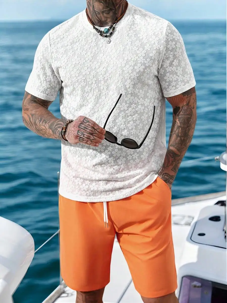 

Mens Floral Print Crew Neck Short Sleeve Casual T-Shirt And Drawstring Waist Shorts Set