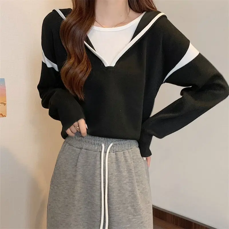 

Spring Autumn New Fake Two Pieces Short Pullovers Top Long Sleeve Patchwork Loose Korean Sweaters Casual Fashion Women Clothing